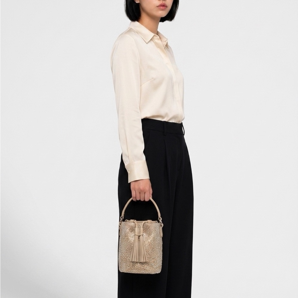 Miu Miu Crystal-Embellished Cream Tassel Mini Bucket Bag